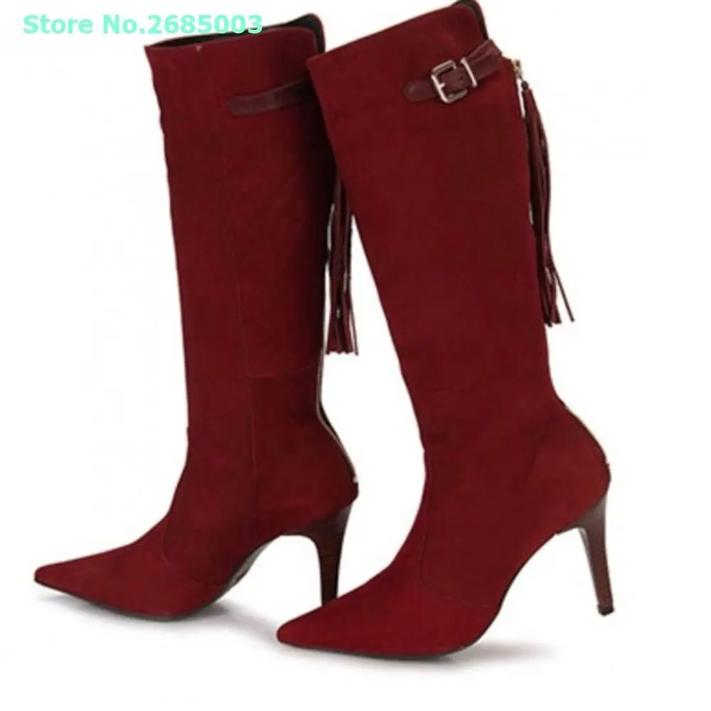 

Maroon Suede Pointed Toe Tassels Boots Stiletto Heels Solid Back Buckle Strap Knee High Boots Women Autume Winter Shoes Party