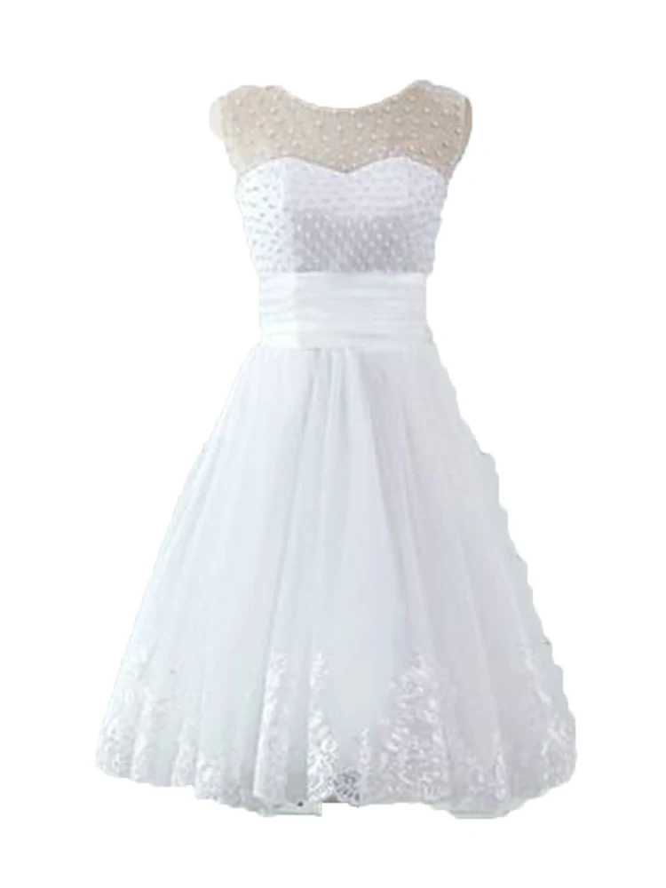 Robe De mariée courte en dentelle et perles blanches, col rond, ceinture, Simple, luxueuse, 2020