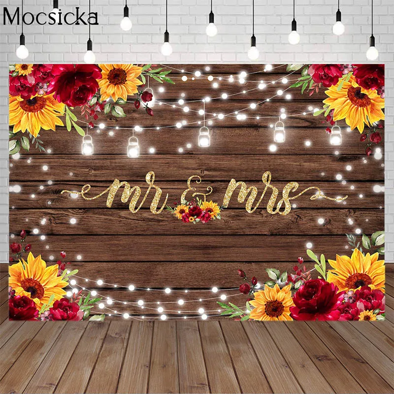 

Wedding Photography Backdrop Sunflower Flower Brown Wooden Board Flash Decor Banner Aldult Birthday Party Photocall Background