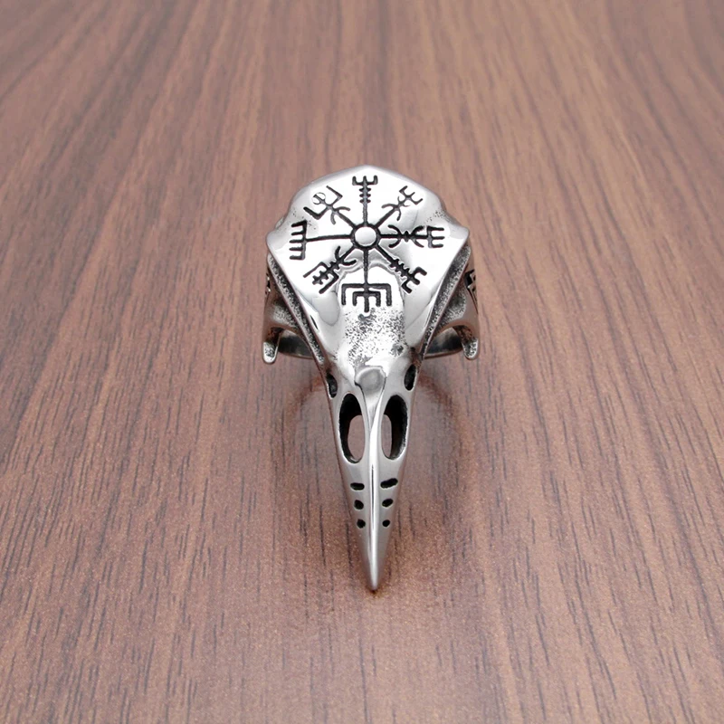 Punk 316L Stainless Steel Men‘s Viking Norse Mythology Odin Crow Raven Ring Nordic Amulet Compass Jewelry Gifts