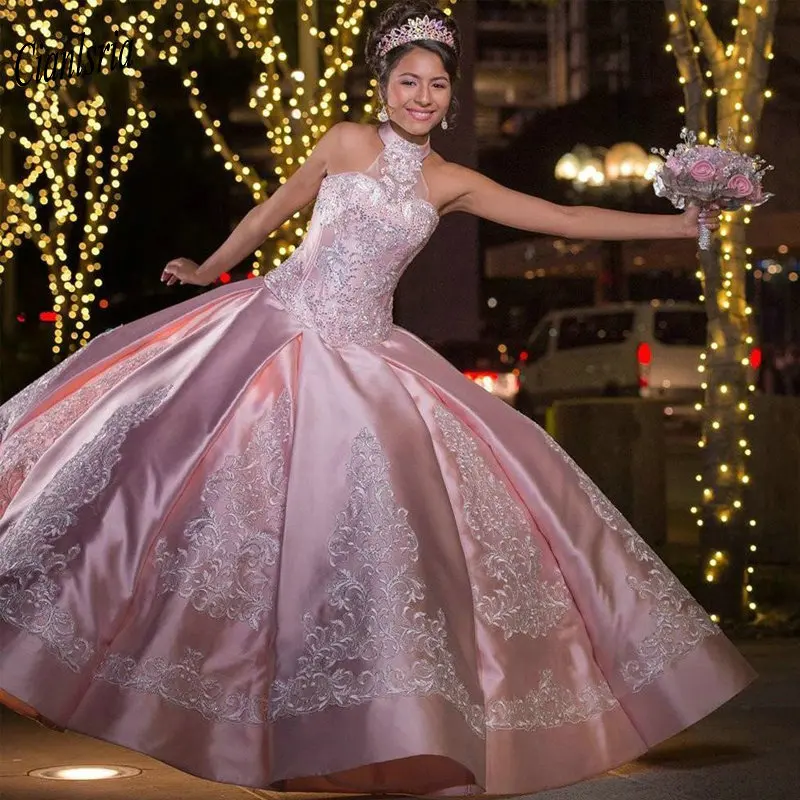 Abito da ballo principessa senza maniche Halter rosa abiti Quinceanera Appliques pizzo perline gonfio dolce 16 abito da sera da ballo