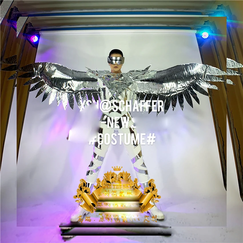 future technology show robot clothing Nightclub men's GOGO mirror silver angel wings costume space performance dance suit