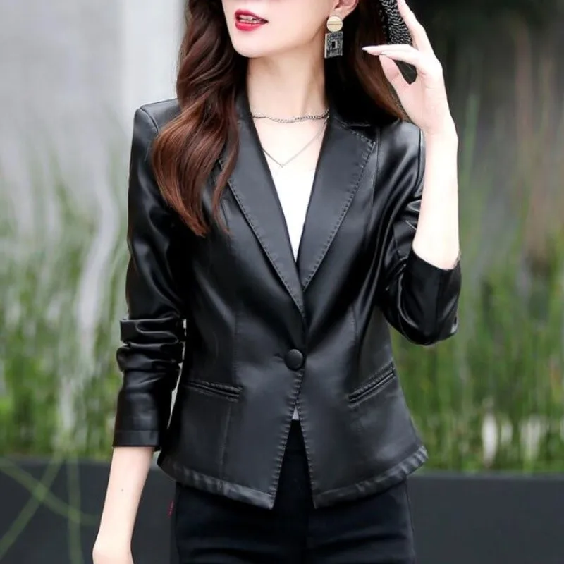 2023 Spring New Ladies Faux Leather Blazers Women Sheepskin Jacket Female Slim Suit Collar Coat Brand New Lady Jackets Outerwear