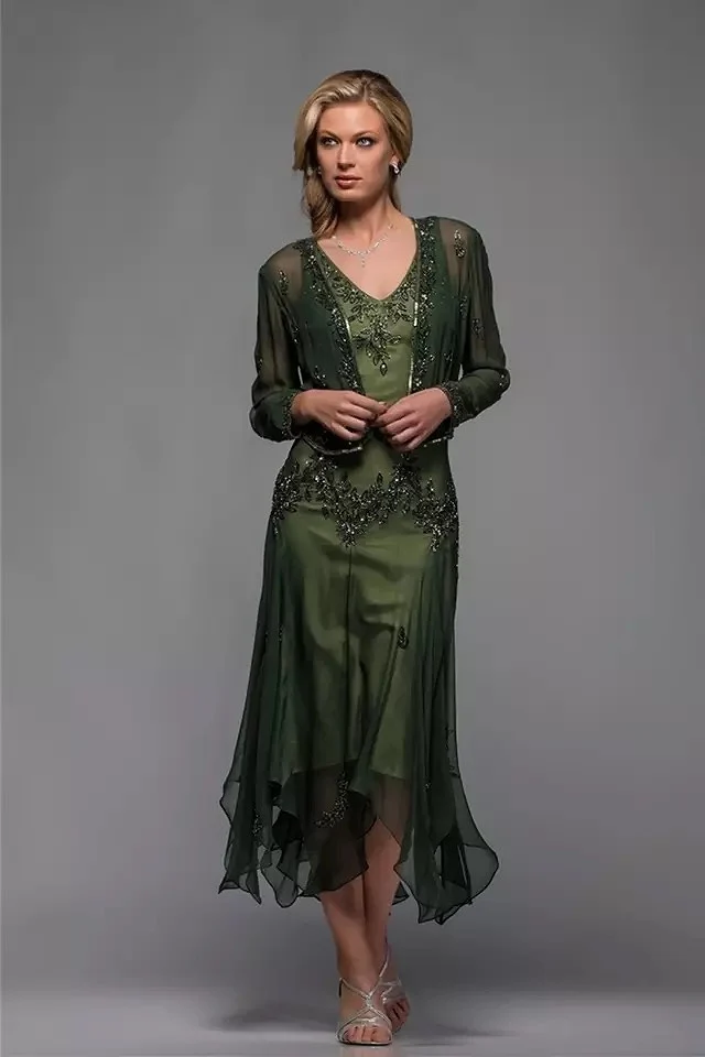 Grau Chiffon Mutter der Braut Kleider Elegante Spitze Appliqued Langarm Bräutigam Kleider Mit Jacke 2 Stück Plus Größe hochzeit