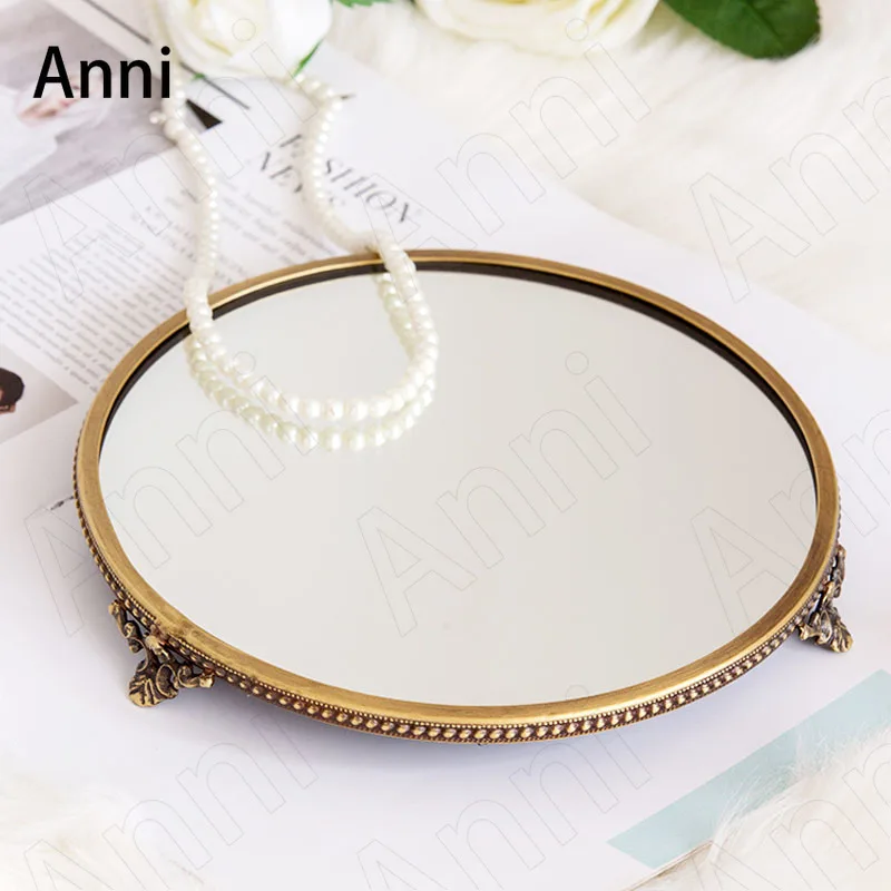 

European Vintage Brass Mirror Trays Decorative Dressing Table Jewelry Necklace Display Glass Tray Bathroom Skin-care Organizer