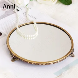 European Vintage Brass Mirror Trays Decorative Dressing Table Jewelry Necklace Display Glass Tray Bathroom Skin-care Organizer