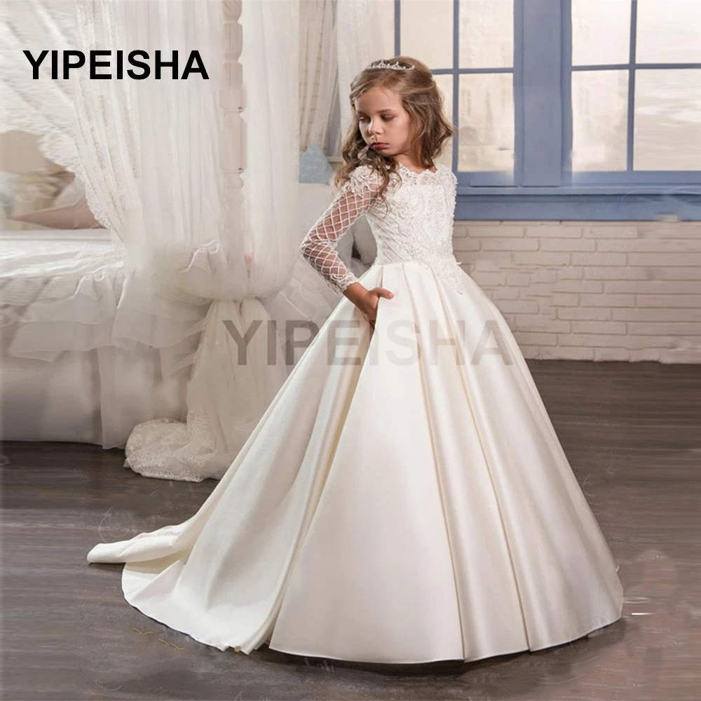 Vestido infantil de manga comprida com o pescoço, vestido de casamento formal, trem a-line, vestido de casamento feminino, novo