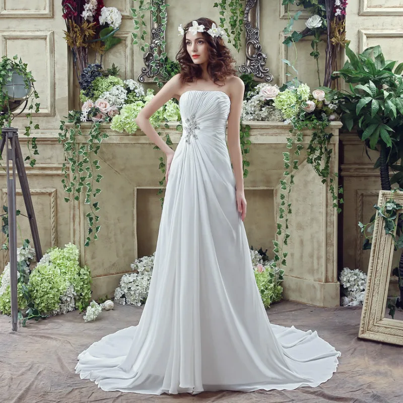 Strapless Chiffon Wedding Dress Fairy temperament Applique Artificial pearl Beading Ruffles Bridal Gown