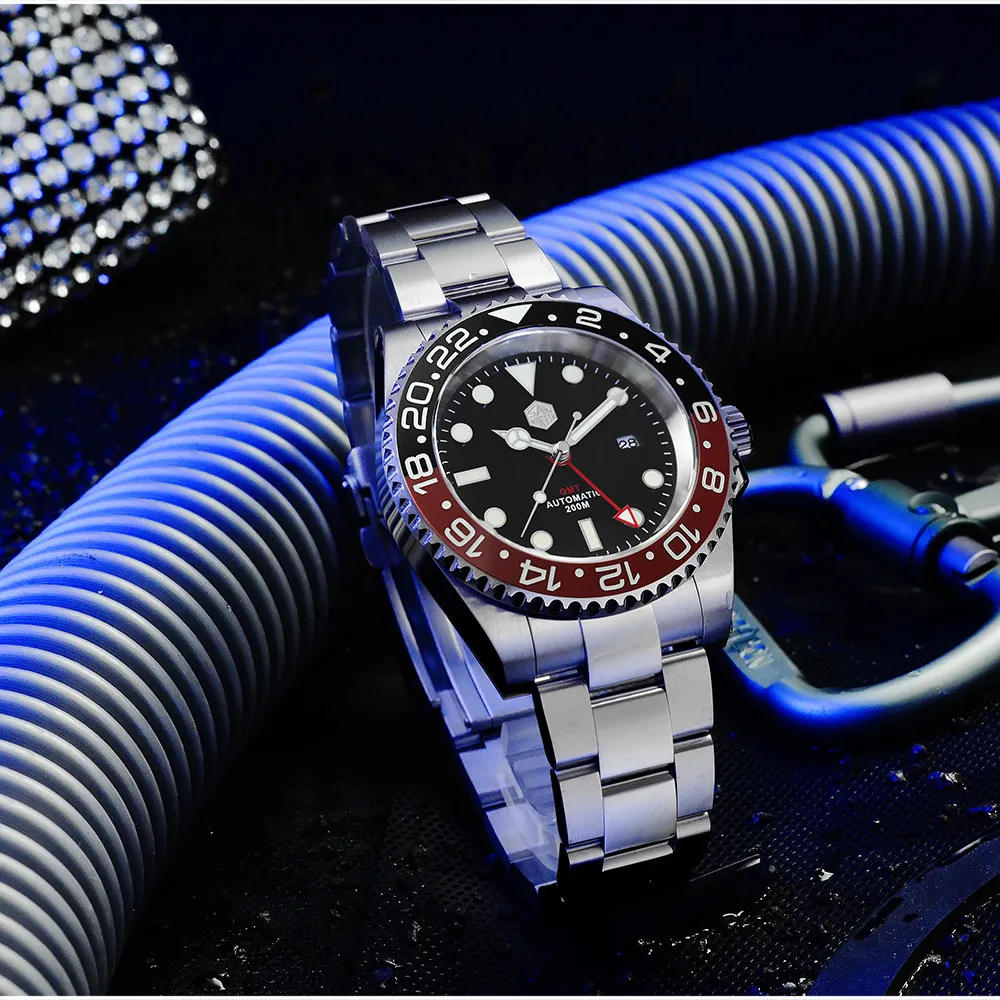 San Martin GMT Diver Luxury Sapphire Men Automatic Mechanical Watch 120 Clicks Ceramic Bezel 20Bar Waterproof Luminous Date