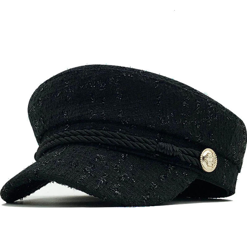 Hot Wool hat cap for women casual streetwear rope flat cap elegant solid autumn winter warm Metal chain beret hat female