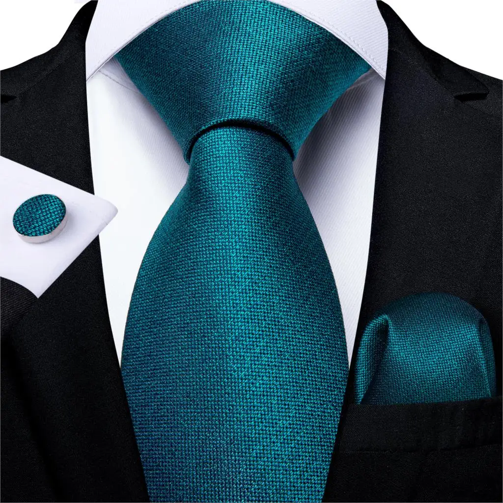 DiBanGu Mens Necktie Teal Green Blue Solid Design Silk Wedding Tie For Men Hanky Cufflinks Tie Set Fashion Bussiness Party