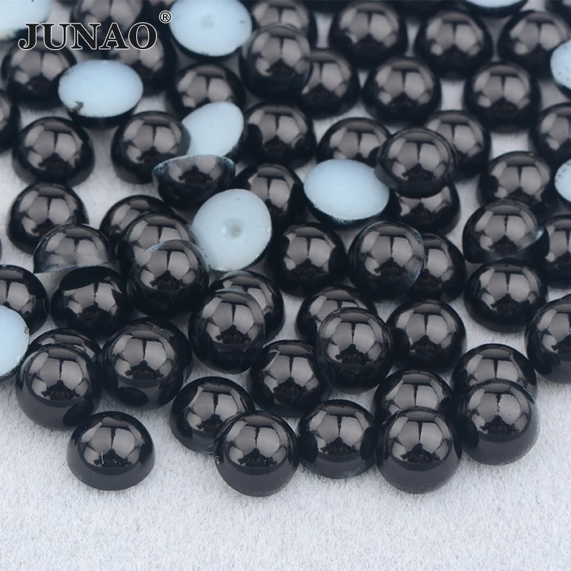 JUNAO 2 4 6 8 10 12 14mm Black Pearl Beads Crystal AB Rhinestones Appliques Half Round Strass Scrapbook Beads for Clothes Crafts