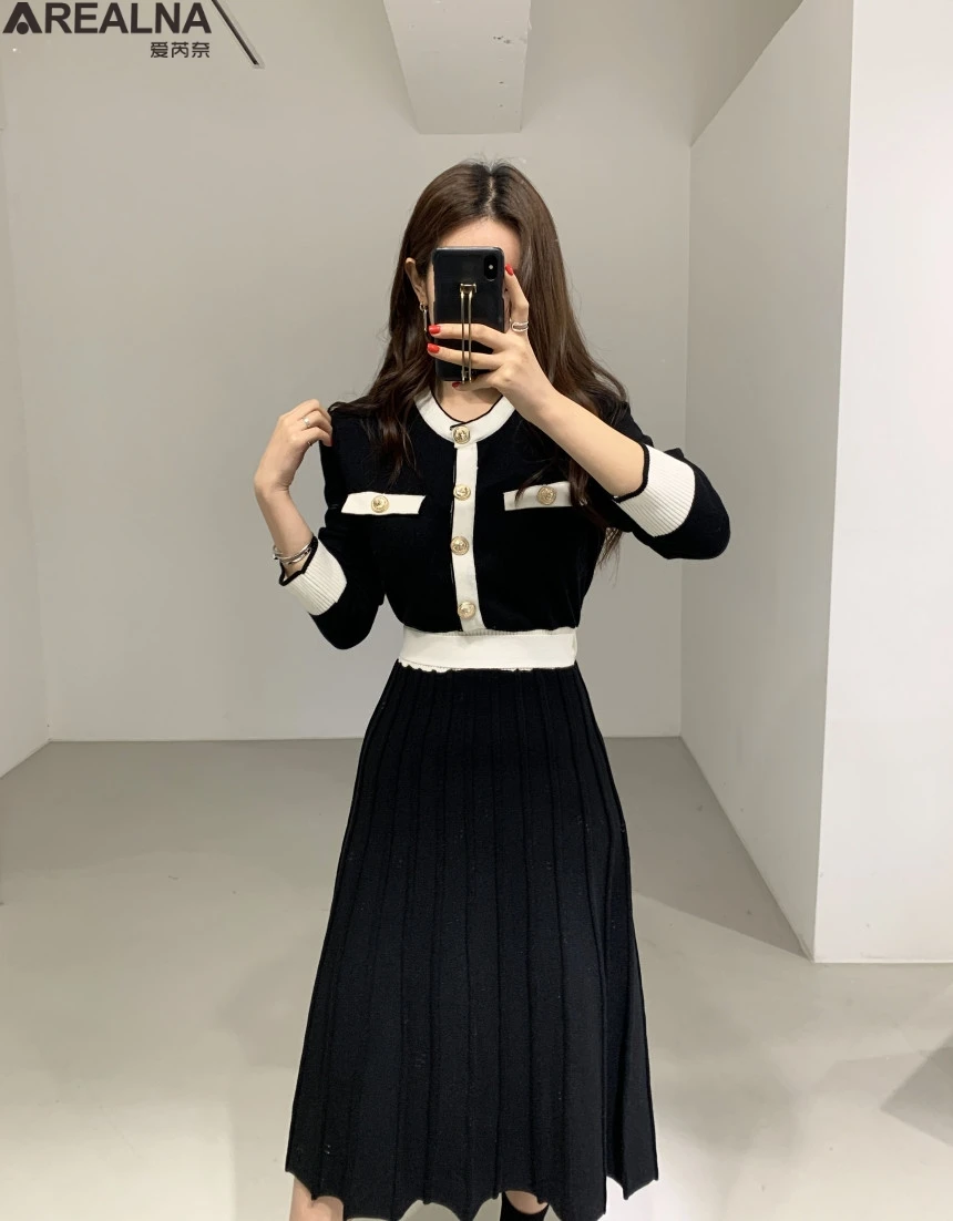 Korean Elegant Knitted Long Dress Women Long Sleeve Color-blocked 0-neck party woman dress A-line Pleated Dresses Vestidos 2020