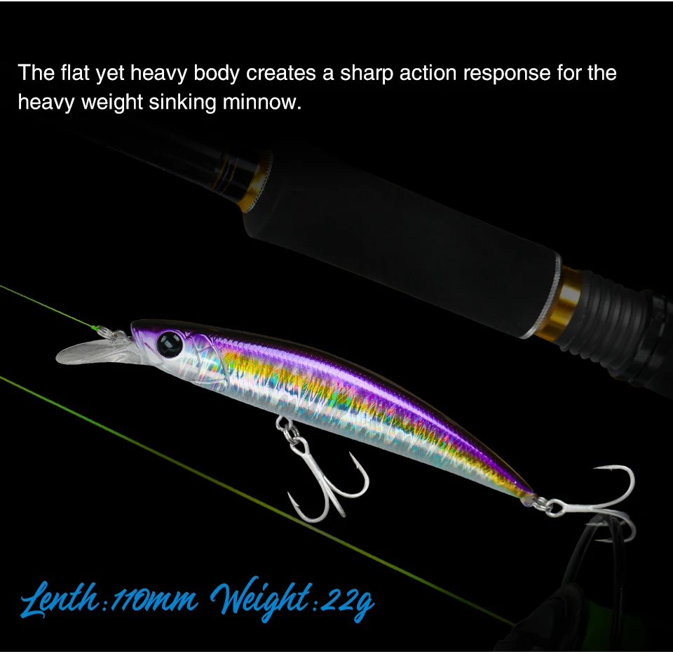 TSURINOYA 110S Sinking Minnow DW77 110mm 22g Großer Kunstköder für Forellen, Hechte, Wolfsbarsche, Meeresangeln, Jerkbait, Wobbler – Detail 10