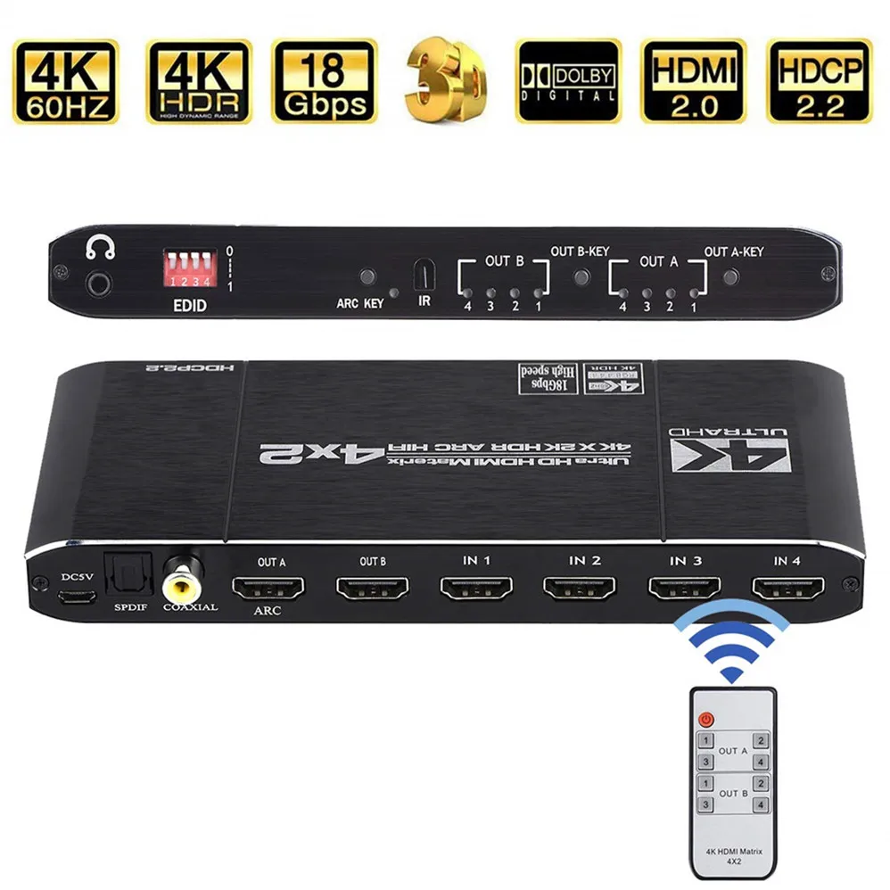 4K @ 60Hz Hdmi Matrix 4X2 Switch Splitter Ondersteuning Hdcp 2.2 Ir Afstandsbediening Hdmi Switch 4X2 Spdif 4K Hdmi 4X2 Matrix Switch