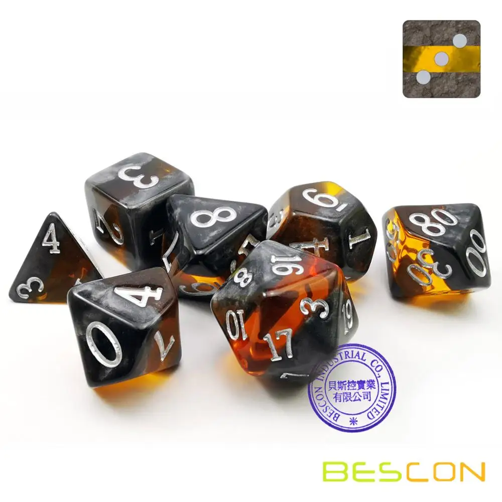 Bescon Mineral Rocks GEM VINES Polyhedral D&D Dice Set of 7, RPG Role Playing Game Dice 7pcs Set of AMBER