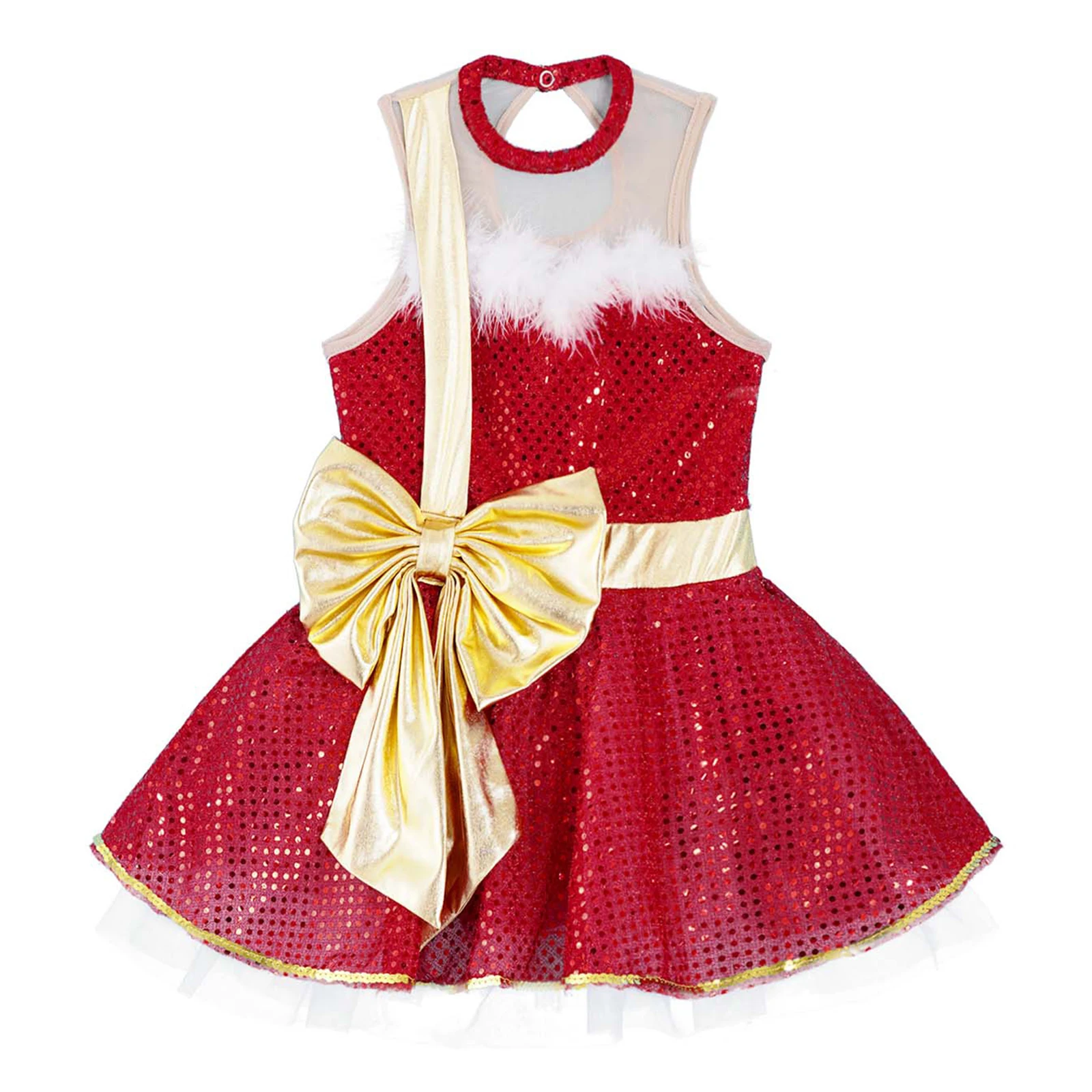 Kids Girls Shiny Sequins Ballet Tutu Mesh Dress with Bowknot Figure Ice Skating Dress Princess Christmas Festival Dance Costume