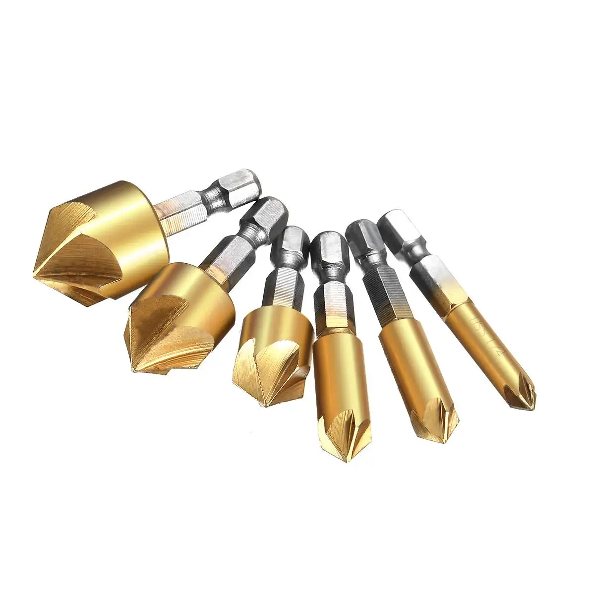 6 Pcs/lot 6mm-19mm 5 Flute HSS Countersink Chamfer Drill Bit 1/4" Shank Titanium Coated Woodworking Core Power Tool Accessories