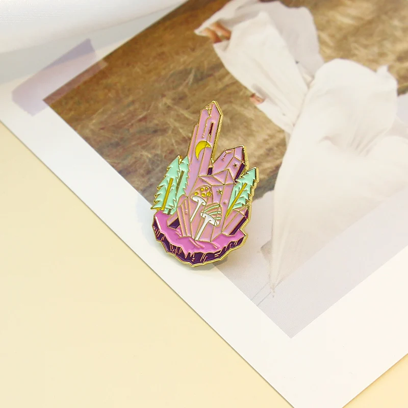GDHY Forest Purple Pink Crystal Enamel Pin Brooch Crystal column Mushroom Witch Brooches Jewelry Clothes Wholesale Badge image 4