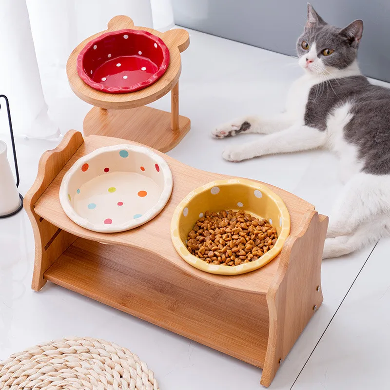 Cute Pets Double Bowl Dog Cat Food Water Feeder Stand Raised Ceramic Dish Bowl Wooden Table Pet Supplies