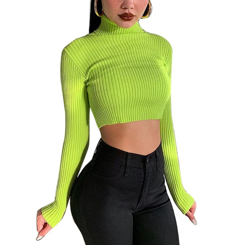 Women Long Sleeve Turtleneck Sweater Ribbed Knitted Bodycon Crop Top Fluorescent Neon Green Solid Pullover Tee Shirts