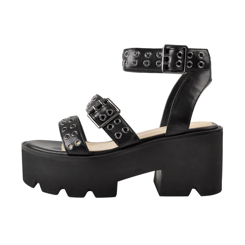 Onlymaker Women Round Toe Platform Sandals Matte Black Rivet Hollow Ankle Buckle Chunky High Heel Large Size Punk Sandals