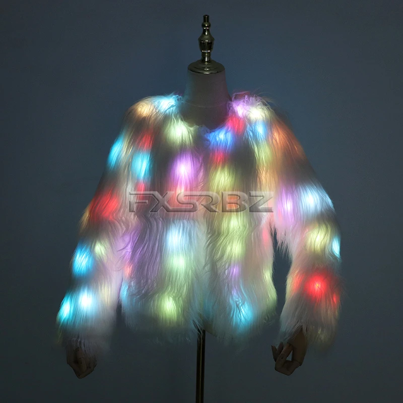 New LED Coat Women Faux Fur Light Up Costumes Christmas Jacket Shiny Overcoat Winter Warm Party Club Outwear