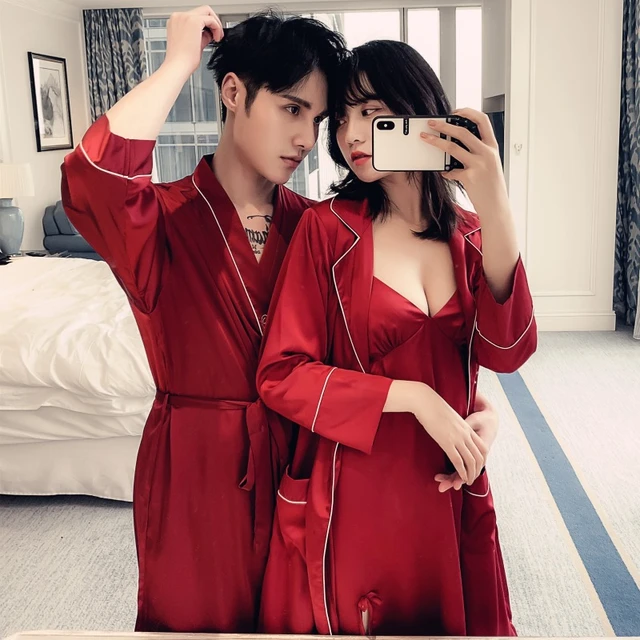 Spring New Couples Sleepwear Women Nightgown Mimics Silk Suspenders Nightdress 2pcs Men Wedding Morning Gown Silky Bathrobe Robe Gown Sets AliExpress