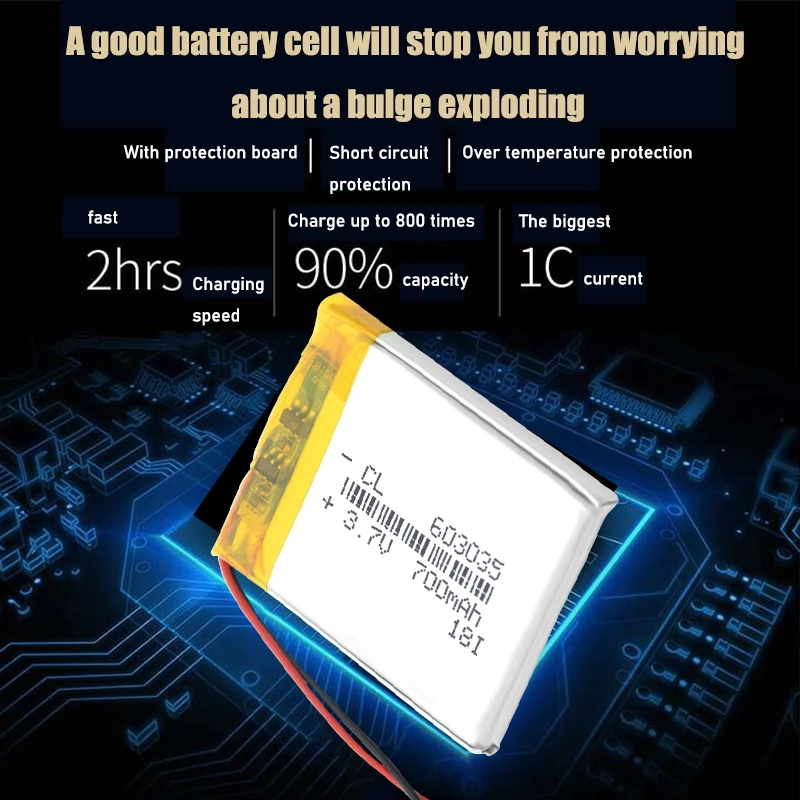 Durata della vita lunga delle batterie del li-polimero protetto carica ricaricabile del pwb della batteria del polimero del litio della batteria di 3.7v 603035 li-po