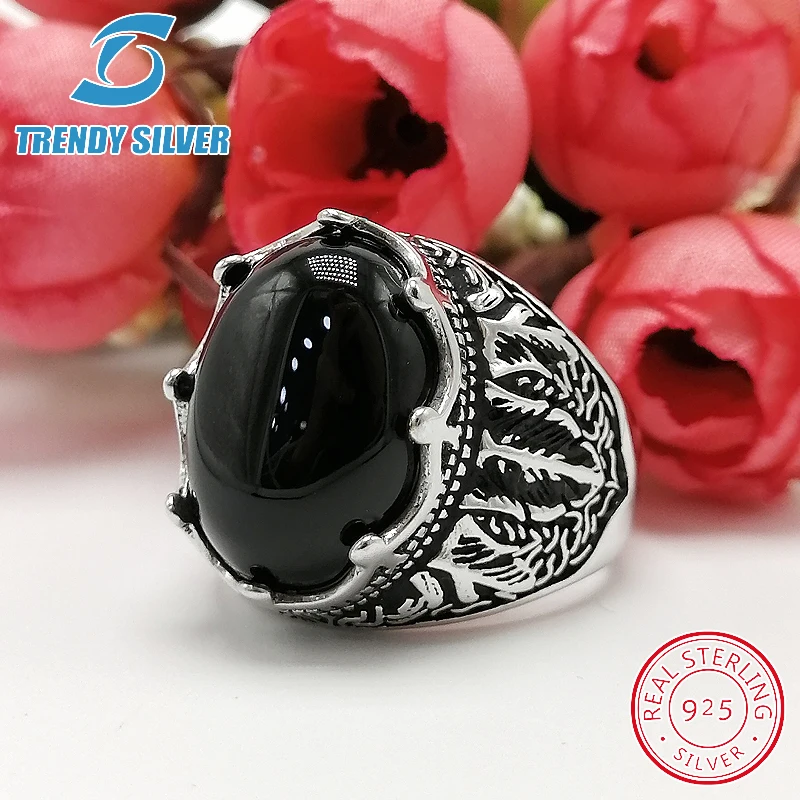 Mens Man rings genuine real black agate onyx ring 925 sterling silver certified original jewelry for men natural gemstone