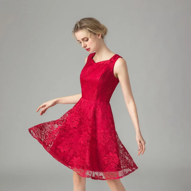 Red Cocktail Party Dress Elegant Lace Dancing Dress Short Prom Dress Sexy Cut Out Dress WS-7553