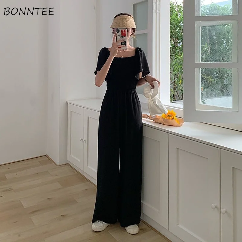 

Jumpsuits Women Black Square Collar Elegant Lady Streetwear High-waist Full-length Leisure Batwing-Sleeve Overalls Korean Style