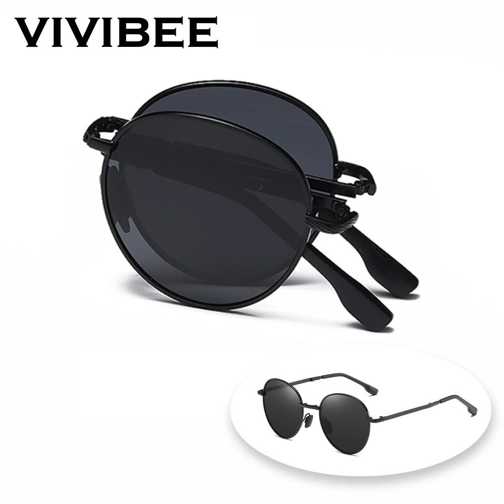 VIVIBEE 2024 Trending Square Black Folding Polarized Sunglasses Women Light Mirror Blue Fold Shades Titanium Alloy Sun Glasses