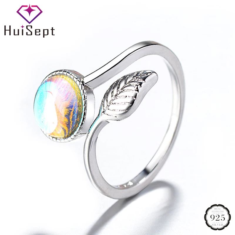 

HuiSept Trendy 925 Silver Ring for Women Wedding Leaf Shape Moonstone Open Rings Jewelry Ornaments Promise Party Gift Wholesale