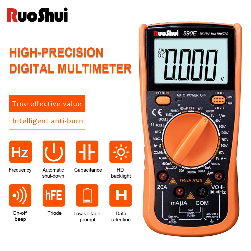 

Victor 890E Digital Multimeter Capacitance 60000uF True RMS Backlight AC/DC Voltage Current Frequency 20MHz 1000V Triode Tester