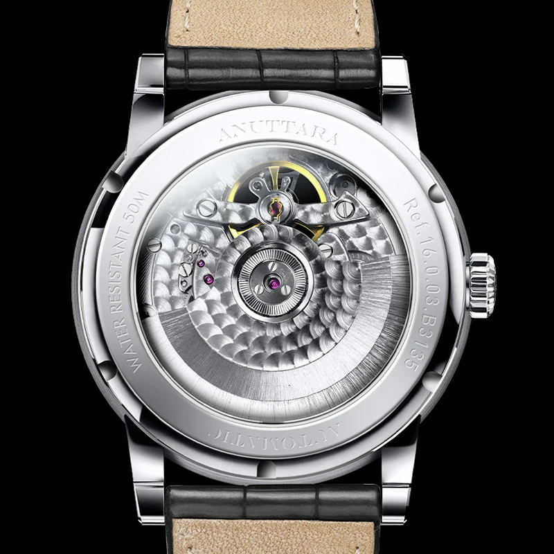 BORMAN doppio fuso orario scheletro orologi da uomo quadrante bianco vetro zaffiro impermeabile cinturino in vera pelle orologio meccanico automatico