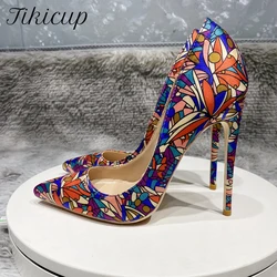 Tikicup Graphic Print Women Satin Pointy Toe High Heel Party Shoes Sexy Designer Floral Stiletto Pumps Large Size 43 44 45