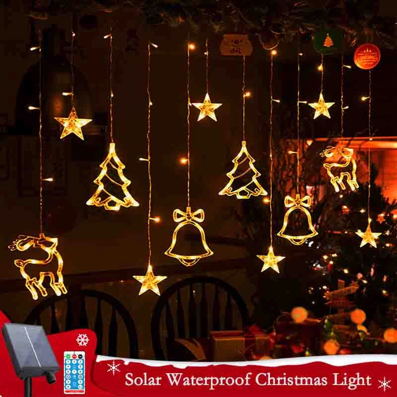 Solar Elk Bell Deer Curtain String Fairy Lights for Home Christmas Ornaments Noel Xmas Window Decor New Year 2021