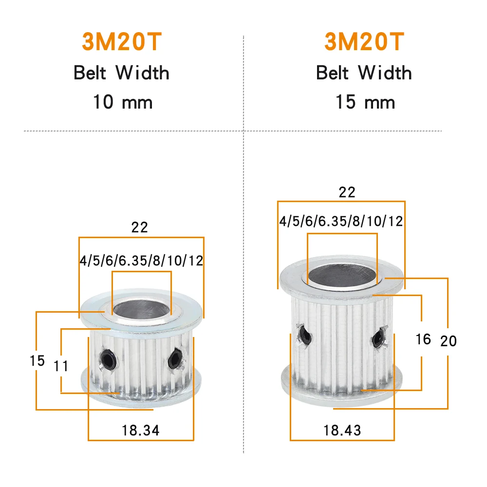 3M-20T Belt Pulley Bore 4/5/6/6.35/8/10/12 mm Alloy Pulley Wheel Teeth Pitch 3.0 mm AF Shape For Width 10/15 mm 3M Timing Belt