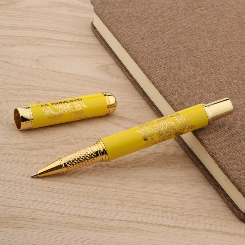 豪華なロールボールペン,0.5mm,中国の磁器,黄色,ドラゴンの絵,インク 