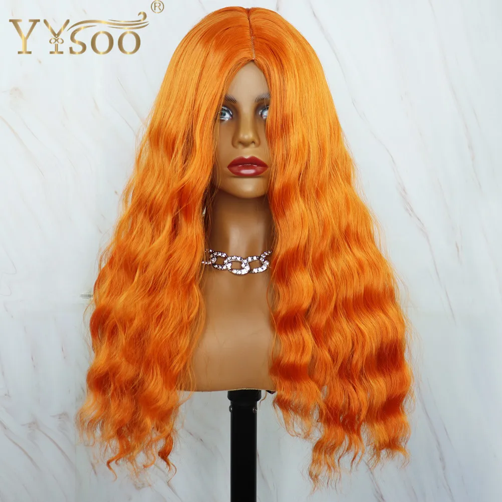 YYsoo Long Orange Color Curly Futura Synthetic Hair Wig Natural Hairline Full Machine Made Loose Wave Wigs For Women