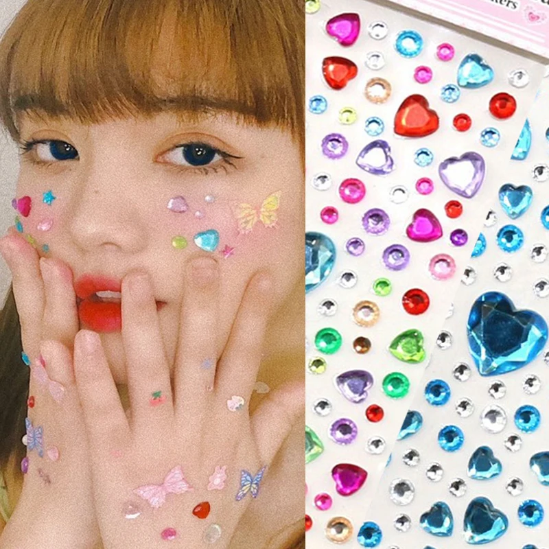 Love Heart Diamond Face Eyebrow Stickers 3D Acrylic Crystal Jewelry Eyeshadow Self Adhesive Nail Art Decoration Rhinestone