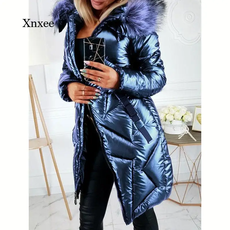 Winter Dames Dikke Glanzende Effen Kleur Rits Hooded Parka Jas Voelen Losse En Warme Lange Mouwen Hooded Lange Jas