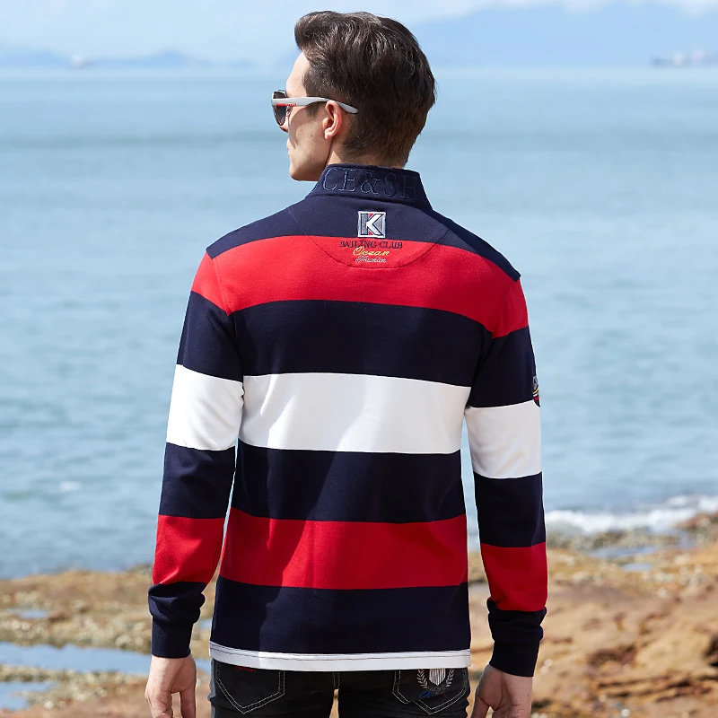 2025 Spring New Men's Long Polo Bruce&Shark Thicken Cotton Top Fashion Embroidery Striped long Sleeves Clothes Man Big size 4XL