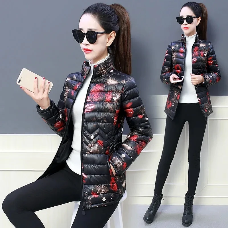 Print Down Cotton Coat Women\'s Short 2024 New Middle-Aged Elderly Mothers Wear Stand-Up Collar Color Winter Coat Women Jackets