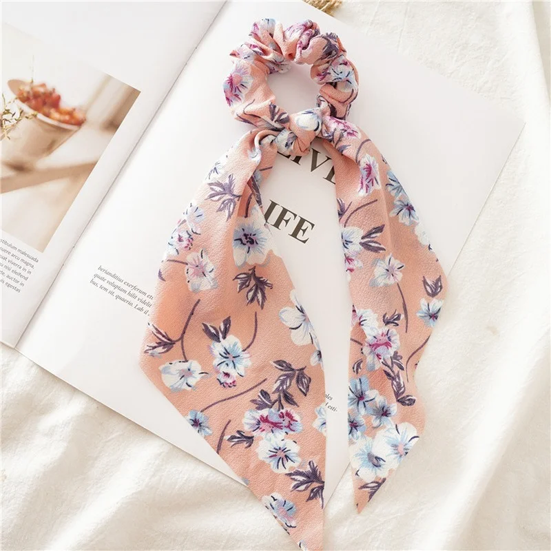 Floral Print Scrunchies Long Ribbon Ponytail Scarf Hair Tie Scrunchies for Women Girls Elastic Hair Bands Hair Accessories Gitf