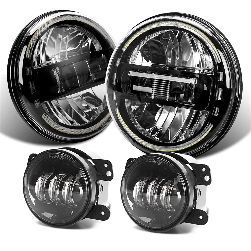 

Set For Jeep Wrangler JK JKU TJ LJ 1997-2018 7inch Round LED Headlights With Halo Ring DRL High Low Beam + 4inch led Fog Light