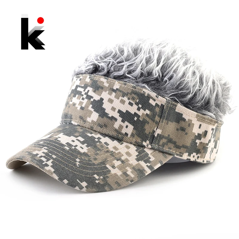 Fashion Baseball Cap With Fake Hair Summer Men's Outdoor Camouflage Visor Hat Women Adjustable Sunshade Snapback Wig Top Caps