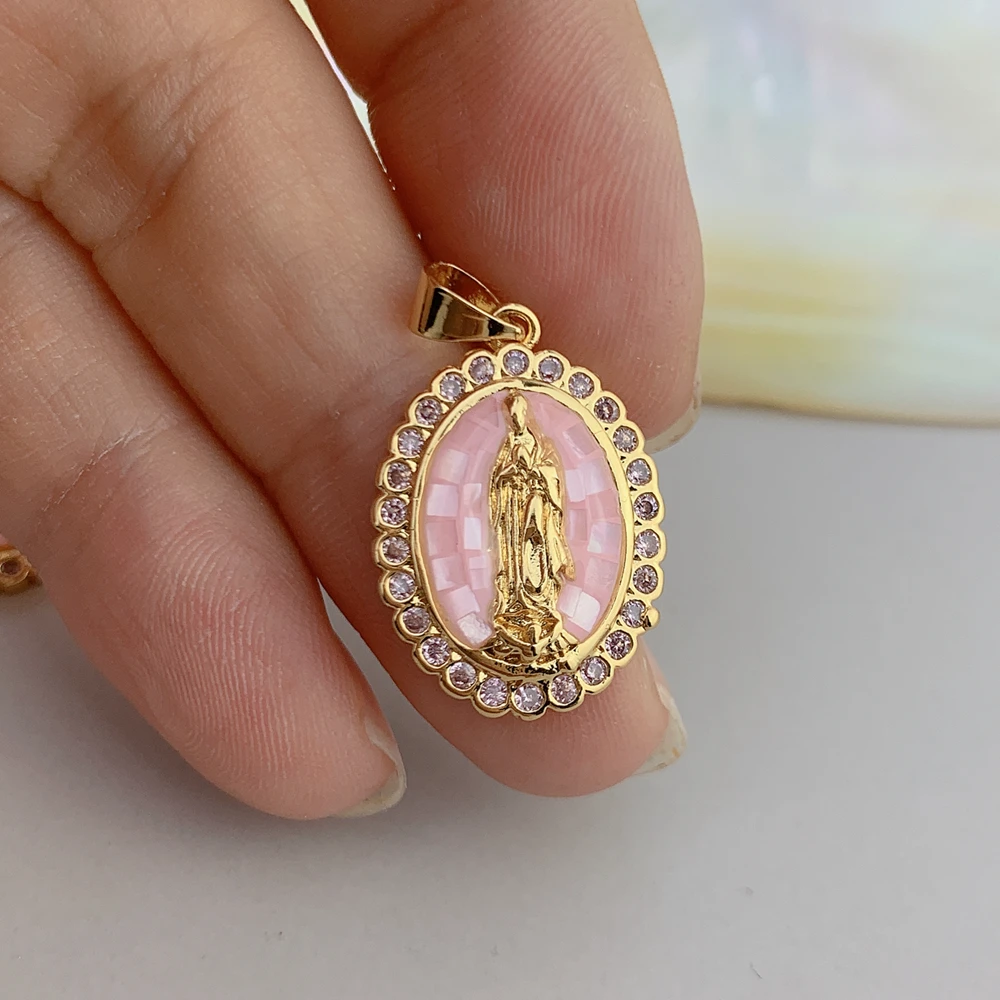 New Oval Medal Zircon Pink Shell Religion Virgin Charm Pendants For Jewelry Making Necklace Accessories Bulk