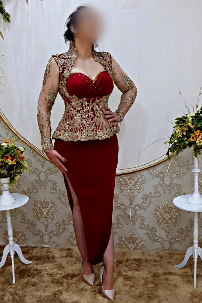 Burgundy Aso Ebi Evening Dresses Applique Peplum gold lace Karakou algerie Long Sleeve Prom Dress Robe de Soirée de Mariage